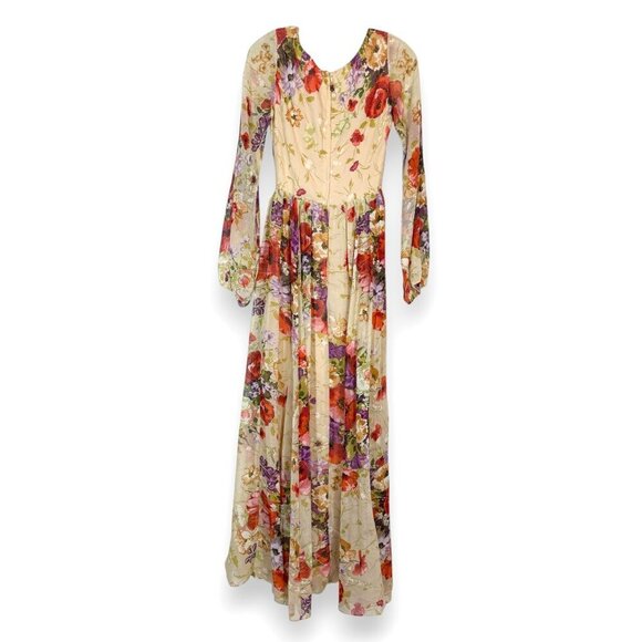 Vintage 70s Jack Bryan Maxi Dress Floral Print Chiffon Party Summer Cocktail XS - Picture 4 of 16